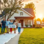 Clés et documents menant à une maison, famille souriante et consultante, paysage urbain résidentiel en arrière-plan, symbolisant l’accession à la propriété